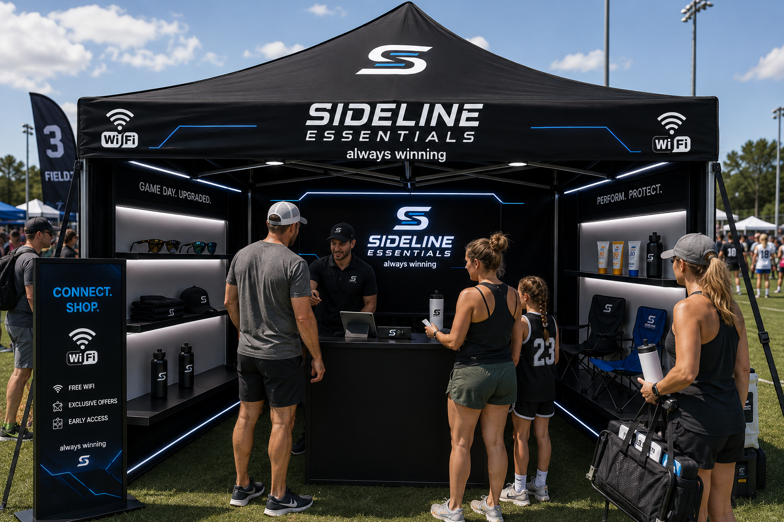 Sideline Essentials tent at the event entrance